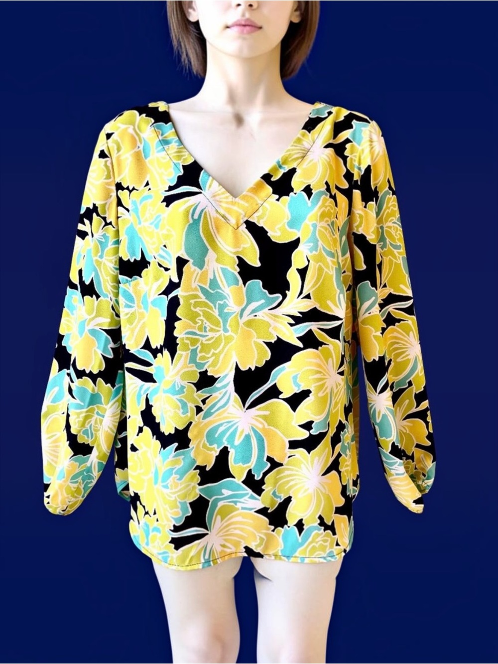 Pappagallo Top Blouse Floral V-neck Long Sleeves Multi-color Womens Medium